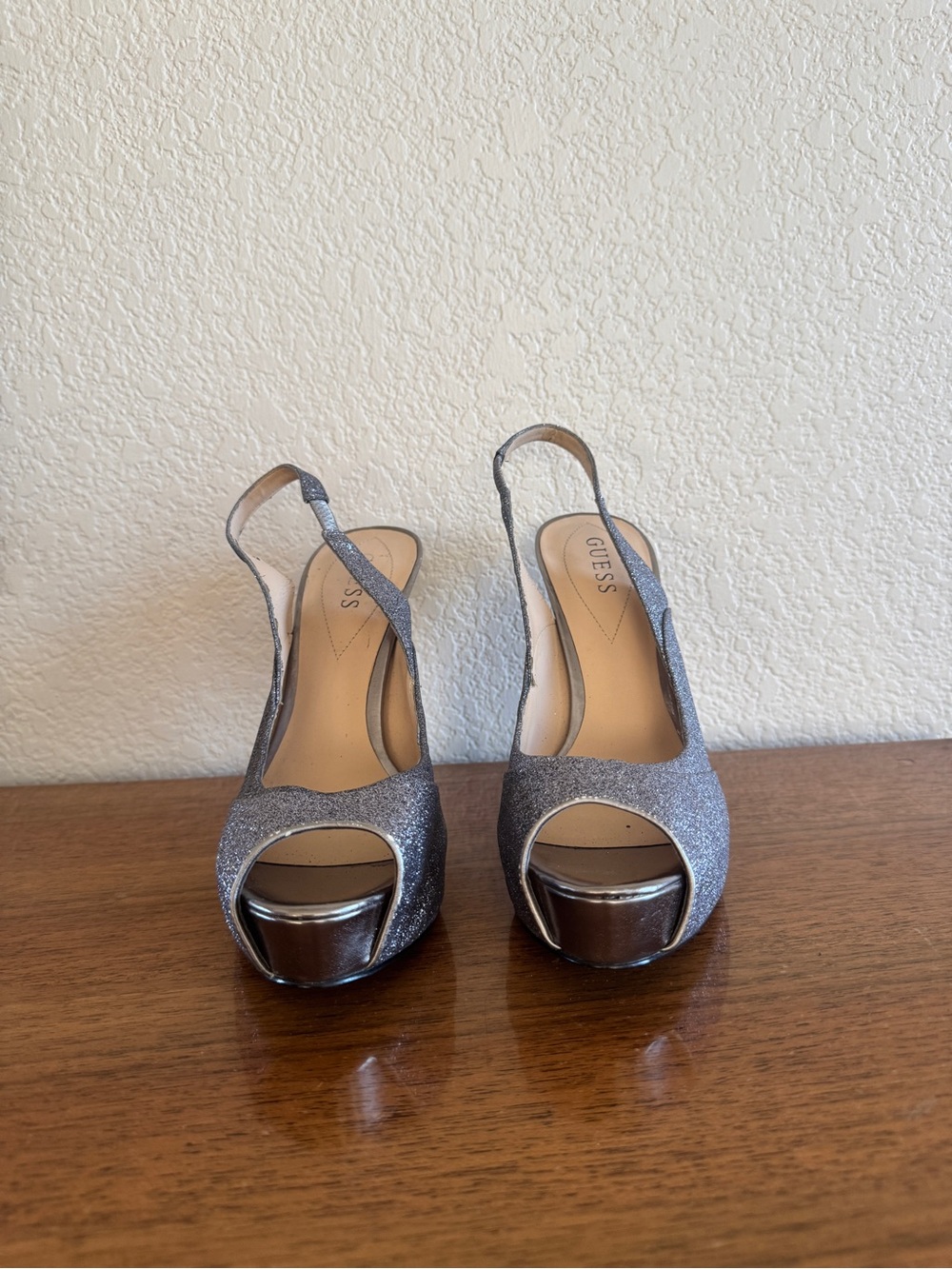 GUESS Silver Glitter Peep-Toe Platform Slingbacks